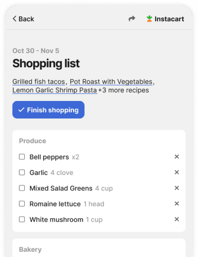 Weekday Eats shopping list