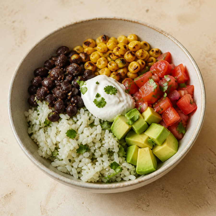 Taco bowl with rice, beans, corn, salsa, and avocado
